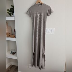 Club Monaco tea Lounge Light Gray/Sage Green Maxi Dress Slits Mock Neck Ribbed